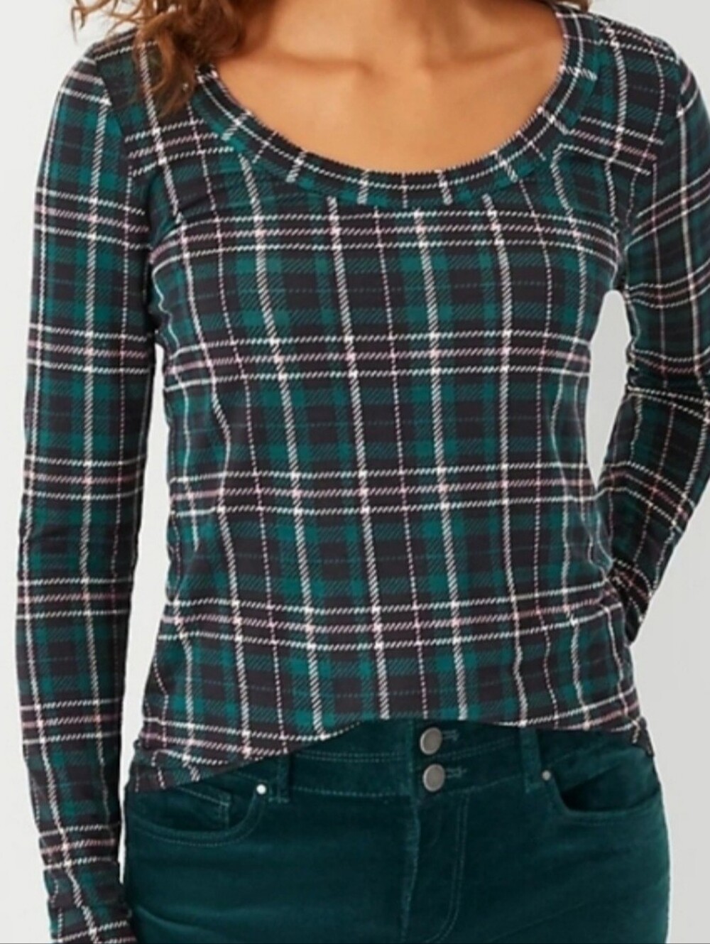Ann Taylor Green Plaid Checkered Shirt Blouse Women's Long Sleeve Top Medium